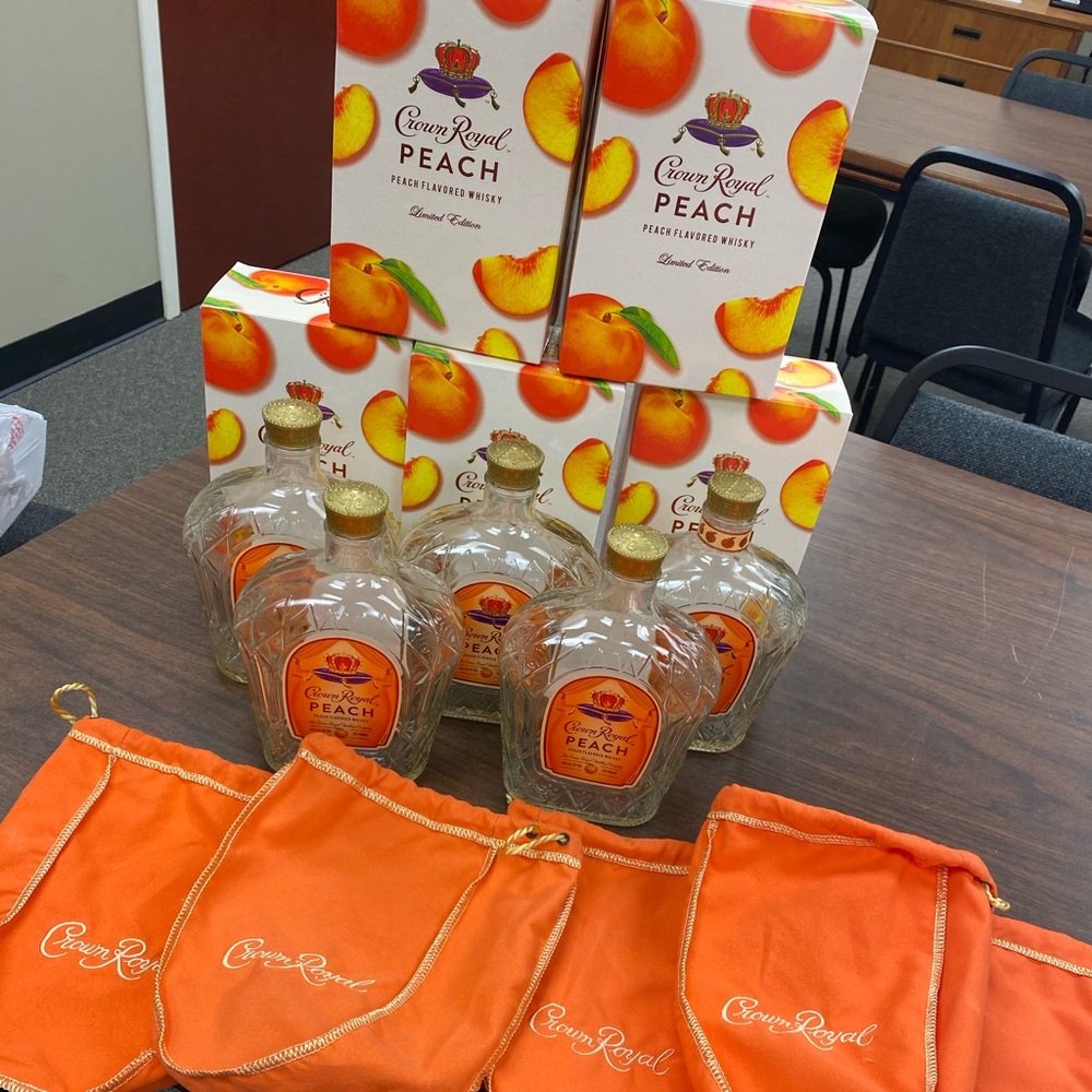 5 Crown Royal Peach Bottles, Boxes, and Bags.